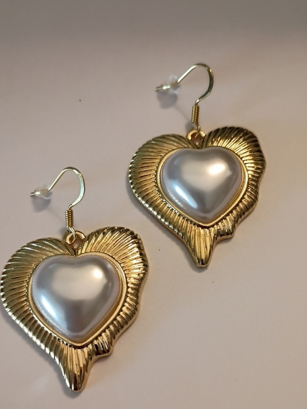 Gold Heart Drop Earrings with White Pearl Center - Women Jewelry